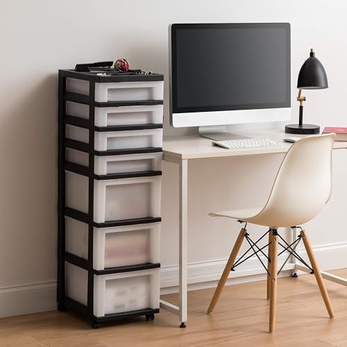 IRIS USA 2 Pack 7-Drawer Plastic Storage Rolling Organizer Cart with Caster Wheels for Laundry Room, Bathroom, or Closet Dresser Storage, Black/Clear - Image 2