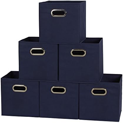 Household Essentials Fabric Storage Bins 6 Piece Set, Strong Poly-Woven Fabric, Sturdy Chipboard Sides, Grommet Front Handle, Stackable and Foldable, Classic Design, Navy by HouseholdEssentials