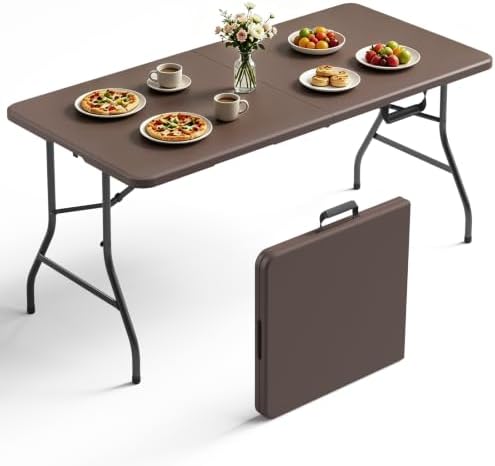 Folding Table 5FT Heavy Duty Plastic Table with Handle, Foldable&Portable, Fold-in-Half Utility Tables for Outdoor, Dining, Wedding, Events, Indoor, Picnic, Camping, Party, Brown by FoldingFurniture