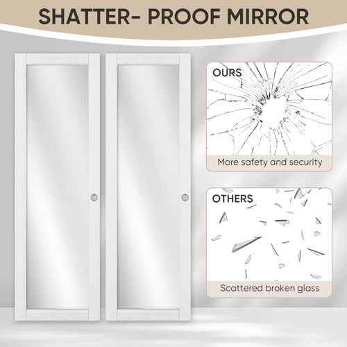 JUBEST 96" x 80" Mirror Closet Door, Preassembled One Side Mirror Door with Hardware Kit & Matching Fascia, Solid Wood Frame with Water-Proof PVC Surface, Easy to Install, White - Image 6