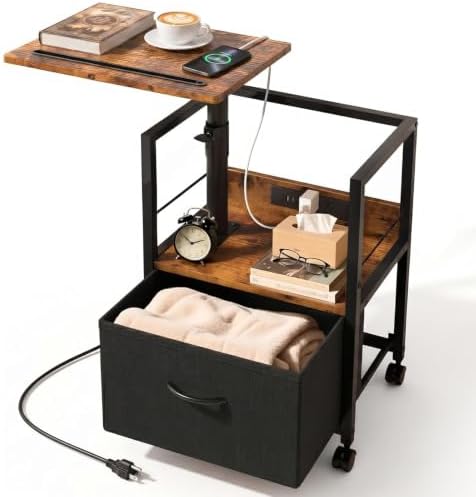 Faesun Swivel Lift Top Nightstand with Charging Station, Rolling Side Table for Recliner, Bedside Table with Wheels & a Fabric Drawer, for Small Spaces, for Bedroom, Living Room, Brown Black by Faesun