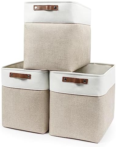 Bagnizer Large Fabric Storage Baskets | 50L Storage Bins, Decorative Linen Closet Baskets with Handles for Organizing, Shelf, Toys, Clothes, Home, Office, Nursery, 17x12x15Inches (Beige&White) by Bagnizer
