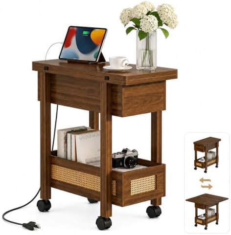 YOSHOOT Narrow End Table with Charging Station, Small Bedside Table by YOSHOOT