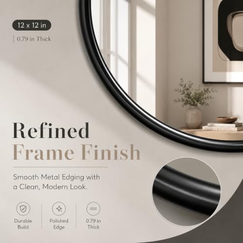 12"x12" Round Decorative Wall Mirror, 2 Pack Metal Framed Real Glass Mirror, Aesthetic Rounded Shape Vanity Mirror for Bedroom, Living Room, Black Accent Home Decor - Image 3