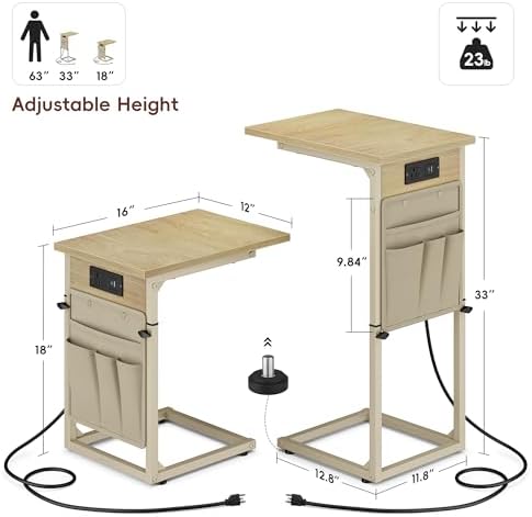 Vagusicc C Shaped End Table with Charging Station, Adjustable Height C Table End Table, Small Side Table for Couch, Couch Table Slide Under Sofa Table TV Tray Arm Table for Living Room,Bedroom,Natural - Image 3