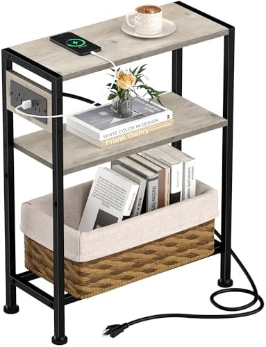 Small Narrow Side Table with Charging Station, Skinny End Table for Small Spaces, Slim Nightstand with Outlets, Sofa Bedside Table in Living Room, Bedroom, Kitchen and Balcony (Greige) by HOME