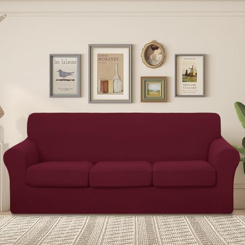 U-NICE HOME 4 Pieces Stretch Couch Cover Sofa Slipcover, Burgundy - Image 2