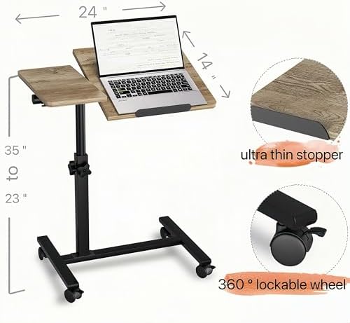 Beside Desk Overbed Table with Wheels Adjustable Height Over Bed Table Rolling Hospital Laptop Stand for Couch Tray Table Bed Sofa Side Table Computer Workstations-Coffee - Image 3
