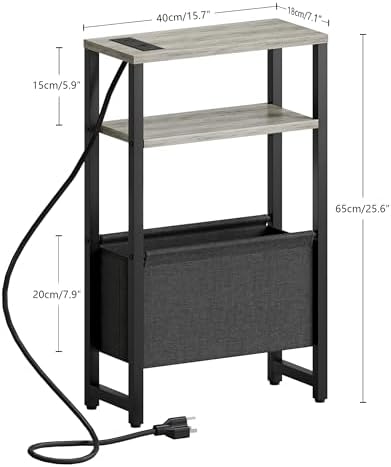 Narrow Side Table with Charging Station Slim End Table Sofa with Magazine Rack, Bedside Table for Small Spaces, 3 Tier Nightstand for Living Room Couch, Bedroom Oak Grey LET503QE - Image 3