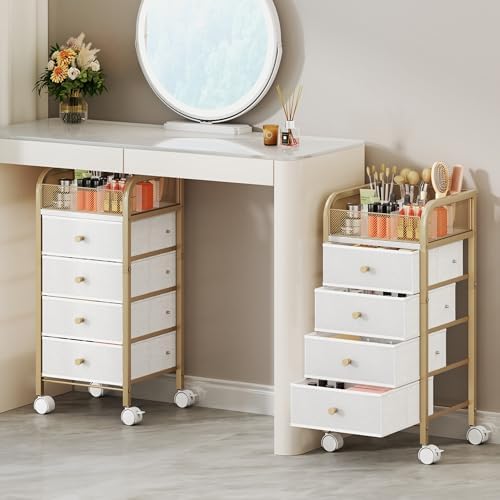 SWTYMIKI Rolling Makeup Organizer Cart - Under Desk Vanity Makeup Storage with 4 Non-woven Drawers, Nail Cart Organizer Cosmetic Display Cases Cabinet for Skin Care Perfume Nail Polish Brush Hair Tool by SwtyMiki-TidyHomeSweetLife