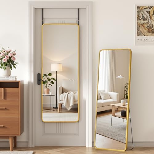 Antok Over The Door Mirror Full Length, 49'' x 14''Wall Mounted Hanging Mirror, Aluminum Alloy Frame, Shatterproof Glass, No Drill Installation for Bedroom, Closet, Bathroom, Dorm, Round Corner,Gold by AntokMirror