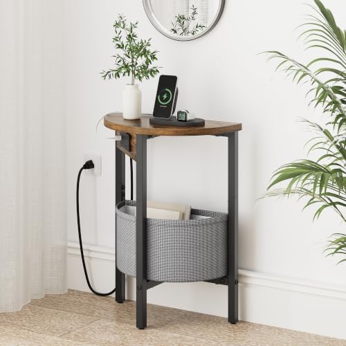 VAGUSICC Round Side Table with Charging Station, Small Round Accent End Table with Fabric Basket, Set of 2 Half Moon Tables Coffee Table, Bedside Table, Modern Nightstand for Living Room Bedroom,Brown - Image 2