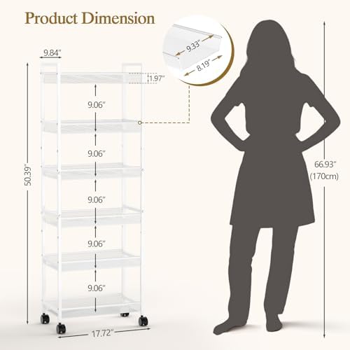 6 Tier Slim Rolling Storage Cart, Narrow Mobile Shelving Unit Organizer Utility Cart with Wheels, Metal Wire Storage Rack with Baskets for Kitchen, Bathroom, Laundry & Living Room, 10in(W) White - Image 2