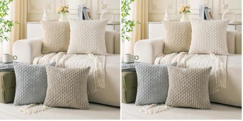 Set of 4 Neutral Decorative Throw Pillow Covers 18x18 Inch Corduroy Pillow Covers for Bed Couch Sofa Living Room Soft Square Cushion Cases (Pack of 2) by Cozoomy