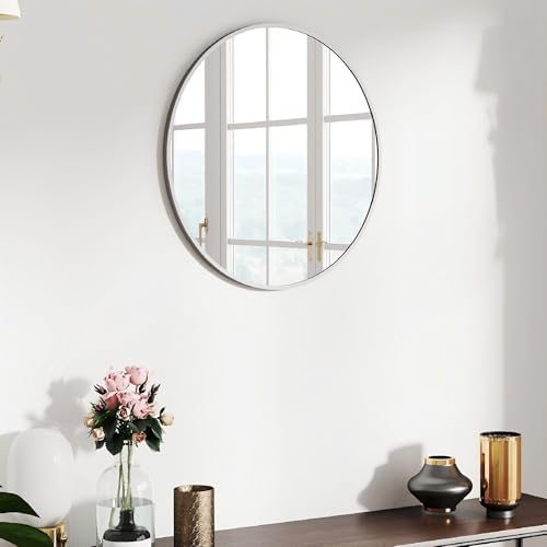 SCWF-GZ 20" Round Mirror Circle Wall Mounted Hanging or Against Wall Metal Frame Dressing Make-up Mirrors for Entryway Bedroom Bathroom Living Room 20 inch Silver by SCWF-GZ