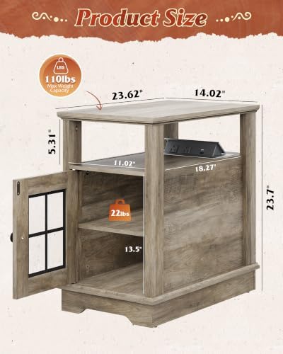 WLIVE Farmhouse End Table with Charging Station, Narrow Side Table with Storage, Small Nightstand with USB Ports and Outlets ，Bedside Cabine for Bedroom, Living Room,Greige - Image 3