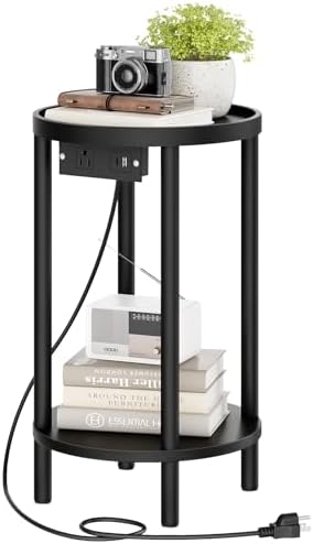 HOOBRO Small Round Side Table with Charging Station, 2-Tier Round Bamboo End Table, Compact Sofa Bedside Table for Small Space, Easy Assembly, for Living Room, Bedroom, Apartment, Black BB156UBZ01 by HOOBRO