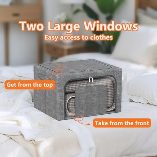 64L Large Stackable Storage Bins with Metal Frame (4 Pack), Foldable Fabric Clothes Organizer with 2 Clear Windows & Reinforced Handles, Dual-Opening Storage Containers for Closet, Underbed, Grey - Image 5