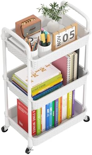 MOYIPIN 3-Tier Plastic Rolling Utility Cart with Handle,Utility Storage Cart for Office, Living Room, Kitchen,Movable Storage Organizer Shelves,White by MOYIPIN