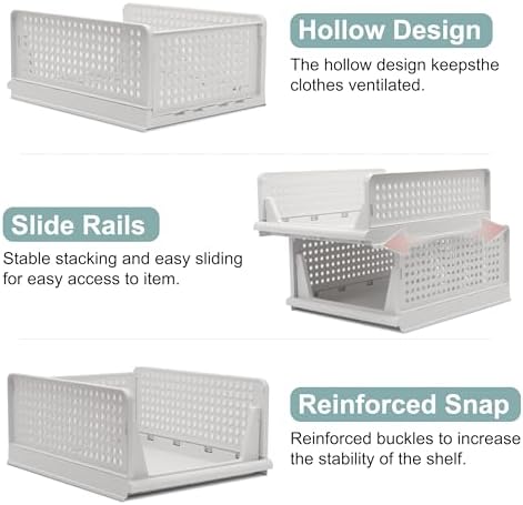 Goderewild Stackable Foldable Storage Baskets, Folding Storage Bins, Closet Organizers and Plastic Drawer Shelf Storage Container for Wardrobe, Cupboard, Kitchen, Bathroom, Office (White, 4S) - Image 4