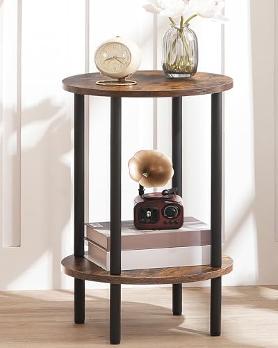 CHOEZON Round Side Table, 2-Tier End Table, Small Round Nightstand with Sturdy Metal Tube, Industrial Circular Coffee Table, for Living Room, Bedroom, Rustic Brown and Black TBZ01BF by Choezon