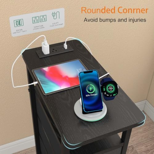 sthmec Side Table with Charging Station, Narrow End Table with 4 Drawers, LED Nightstands with Fabric Drawers,Slim Sofa Couch Side Tables for Small Spaces,Living Room,Bedroom, Black - Image 4