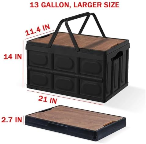 2 PSC Collapsible Storage Box with Lid, 13 Gallon Foldable Storage Bin with Wood Grain Top, Portable Organizer Tote with Handles for Car Trunk, Camping, RV, Grocery Shopping, Home Storage, Black - Image 3