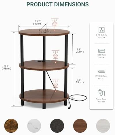 Small Round Side Table - 3-Tier Oval Accent Table for Small Spaces, Rustic Wood and Metal Nightstand for Living Room or Bedroom, with Built-in USB Ports and Power Outlet, Rustic Walnut - Image 2