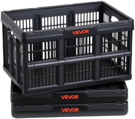VEVOR Plastic Collapsible Storage Bins, 45L 3 Packs, Stackable Folding Storage Crates with Handles, Holds 33 lbs Per Bin, Foldable Heavy Duty Containers, Space-Saving Baskets, for Home Organizing by VEVOR