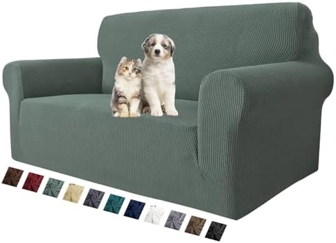 MAXIJIN Stretch Loveseat Sofa Slipcovers 1 piece Love Seat Couch Covers for 2 Cushion Couch Non Slip Sofa Cover Washable Dog Cat Proof Furniture Protector Pet Friendly (Loveseat, Pea Green) by MAXIJIN