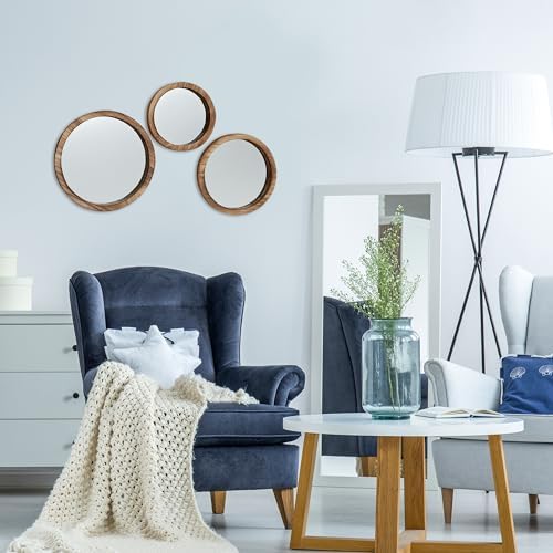 The Rustic Boho Chic Porthole Mirror Trio, Set of 3 - 10, 12 and 13 ¾-Inches Diameter, Glass and Sustainable Wood, By Whole House Worlds - Image 2