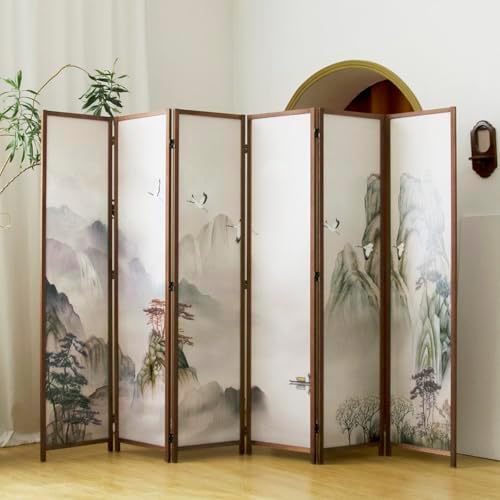 6 Panel Room Divider, 5.6 ft Tall Blackout Folding Privacy Screen - Freestanding Partition Wall with Double-Sided Patterns, Ink-wash Mountain Landscape for Home Office (67" H x 94.5" W) - Image 2