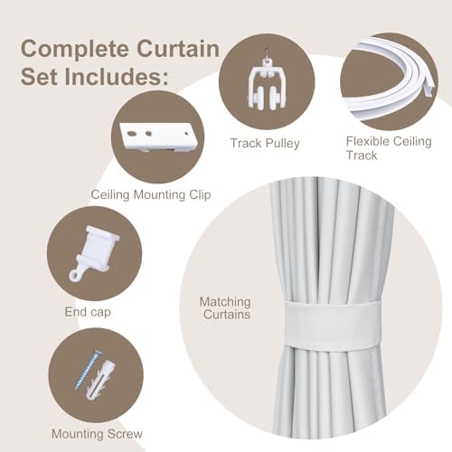 MaKefeile Room Divider Curtains & Flexible Bendable Tracks Set,Privacy Dividers Ceiling Track Curtain Window Blackout Curtains for Living Room Bedroom (W150 × H108 In 1 Panel White Drape & White Rail) - Image 2