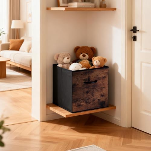 WUIKE 13-Inch Rust Brown Cube Storage Bins, Wood Print Front, 4-Pack - Image 6