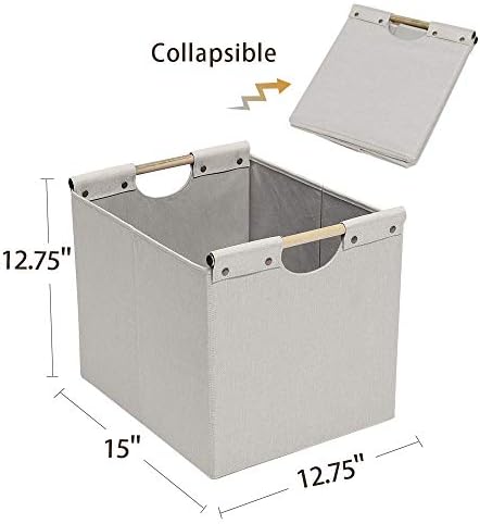 HOONEX Large Foldable Storage Bins, Linen Fabric, 2 Pack, with Wooden Carry Handles and Sturdy Heavy Cardboard, for Home, Office, Car, Nursery, Beige - Image 5