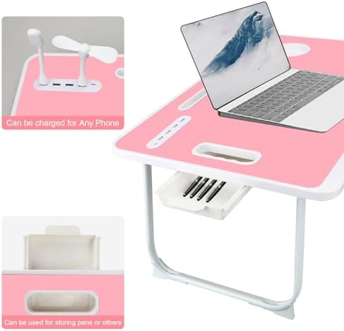 Laptop Bed Table, Laptop Desk for Bed, Foldable Laptop Bed Desk with USB Charge Port, Handle, Desktop Card Slot, Cup Slot, Side Drawer, Portable Laptop Table for Bed Eating Reading Working - Image 3