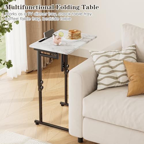TV Tray, Folding TV Dinner Table, Adjustable Small C-Shaped End Tray for Eating, Foldable Slide Under Couch Side Table for Recliner, Living Room, Bedroom,No Assembly Required(White Marble) - Image 4