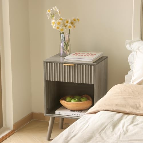 Fultyle Grey Fluted Nightstand, Modern Bedside Table with Drawer and Shelf - Image 3