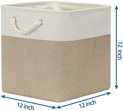 Temary 4 Pack Cube Storage Bins Cloth Baskets for Shelf, Fabric Storage Cubes 12 x 12 Baskets Gift Empty Basket with Handles, Basket for Storage (White&Khaki) - Image 2