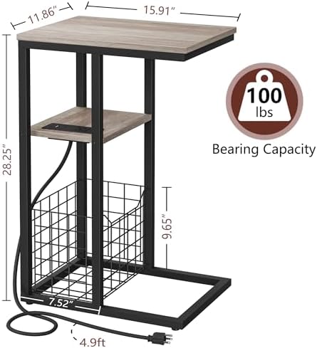 Vagusicc C Shaped End Table with Charging Station, Side Table for Couch, Small Side End Table for Small Spaces, 28" High Slide Under Sofa Table for Coffee, Tv Tray Table for Living Room, Greige - Image 3