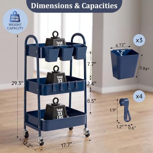 danpinera 3-Tier Rolling Cart, Utility Cart Mobile Metal Rolling Storage Cart with Lockable Wheels & Hanging Cups & Hooks for Kitchen, Bathroom, Office, Workshop, Dark Blue - Image 2