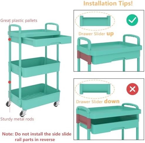 Calmootey 3-Tier Utility Cart with Drawer & Wheels, Storage for Home,Office - Image 6