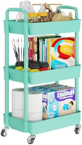 Laiensia 3-Tier Rolling Cart with Wheels,Multifunction Utility Storage Carts, Kitchen Storage Organizer,Mobile Shelving Unit for Bathroom,Laundry,with Classified Stickers,Green by Laiensia