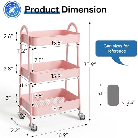 DUMOS 3 Tiers Rolling Cart, Utility Cart, Metal, Pink - Image 2