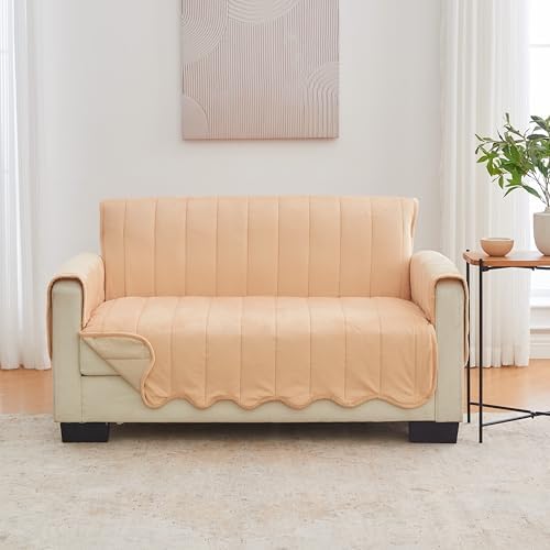Great Bay Home Velvet Loveseat Cover - Washable Slipcover Furniture Protector with Elastic Straps - Furniture Cover for Dogs, Kids, and Pets - Stitched Detail (Peach) by GreatBayHome