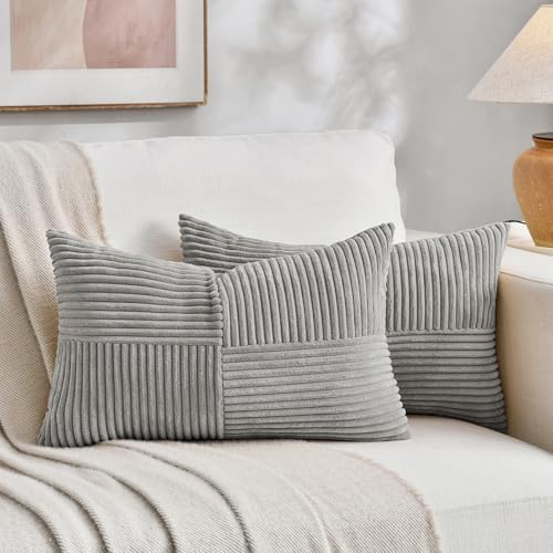 Fancy Homi 2 Packs Neutral Grey Lumbar Decorative Throw Pillow Covers 16x26 Inch for Living Room Couch Sofa, Farmhouse Boho Home Decor, Soft Striped Corduroy Rectangle Accent Terracotta Cushion Case by Fancy+Homi