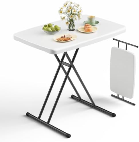 Folding Table 30 Inch - Small Desk Adjustable Height TV Tray for Laptop, Couch, Camping - Heavy Duty Utility Foldable Table for Small Spaces, No Assembly Required,Plastic White Granite by FoldingFurniture