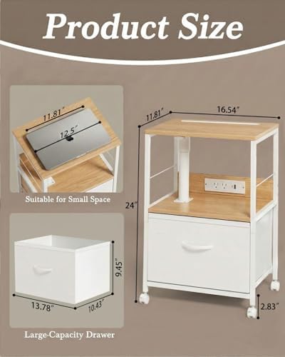 Faesun Swivel Lift Top Nightstand with Charging Station, Rolling Side Table for Recliner, Bedside Table with Wheels & a Fabric Drawer, for Small Spaces, for Bedroom, Living Room, Oak White - Image 2
