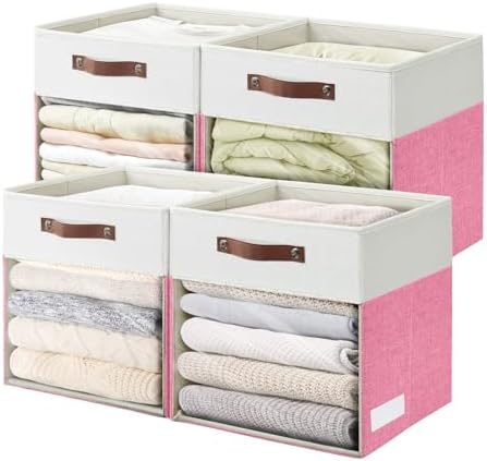 Bagnizer Storage Cubes, 4 Pack Linen Foldable Storage Bins (13 x 13 inch) with Clear Window and Handles, Fabric Organizer for Shelf Closet, Clothes, Books - (Pink and White) by Bagnizer
