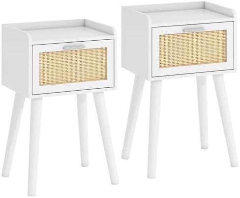 LAATOOREE Nightstand Set of 2, Small White Bed Side Table with Rattan Door by LAATOOREE